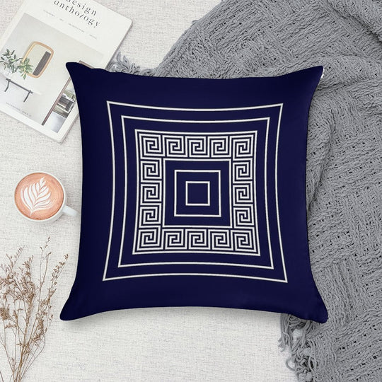 Navy Blue Greek Key Meander Framed Squares Soft Hidden Zipper Throw Pillow