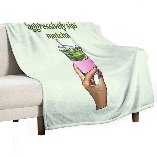 Aggressively Sips Matcha – Funny Matcha Aesthetic Sticker Wrinkle-free Throw Blanket