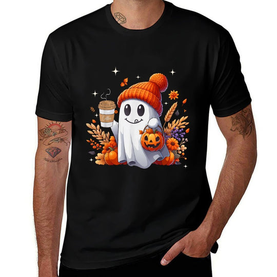 Men Women Autumn Cute Ghost Drinking Coffee Spooky Halloween  Moisture-wicking T-Shirt