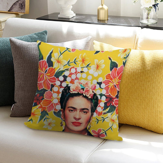 Frida Kahlo Print, Flowers, Color on Ocher Mexican Tablecloth Soft Bedroom Essential Throw Pillow