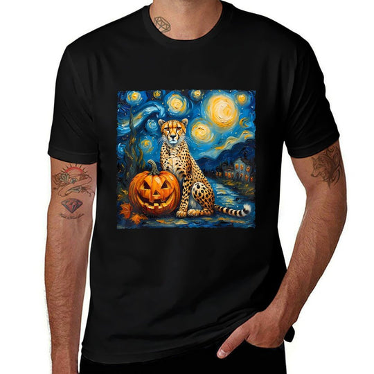 Cheetah Pumpkin Van Goghs The Starry Night Halloween Style  Summer-ready Fabric T-Shirt