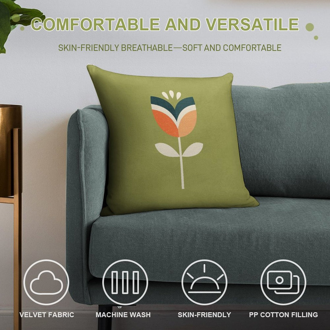 Retro Tulip - Orange And Olive Green Soft Washable Throw Pillow