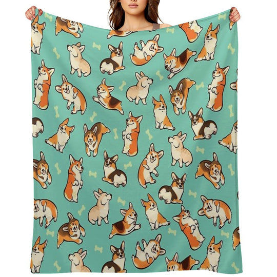 Jolly Corgis in Green Wrinkle-free Throw Blanket