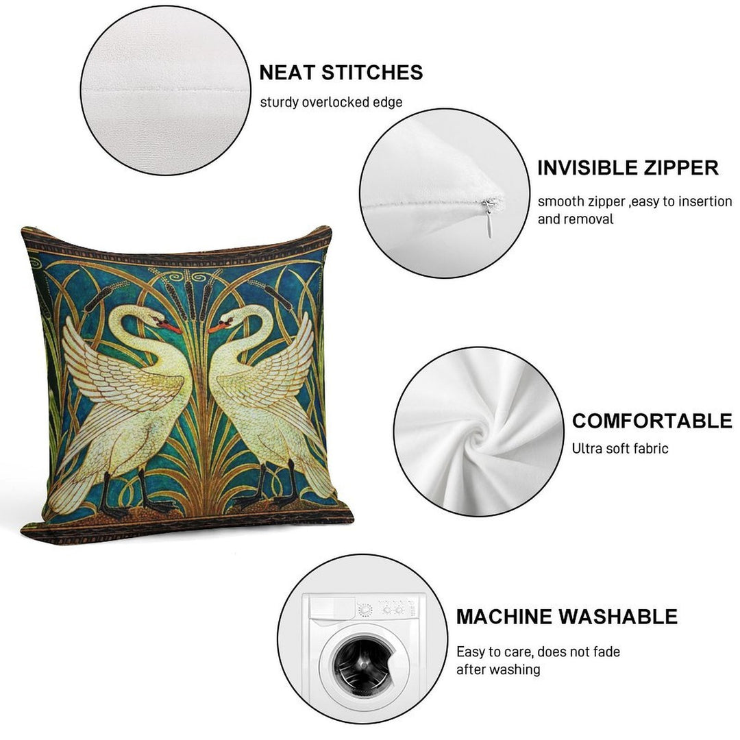 TWO WHITE SWANS AMONG REEDS IN BLUE Art Nouveau Animals Soft Washable Throw Pillow