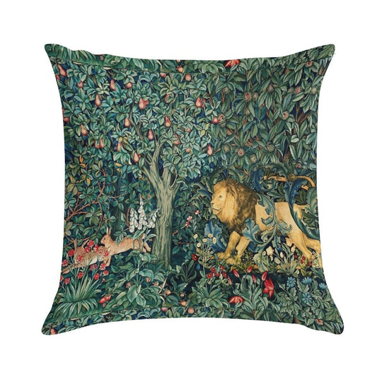 GREENERY, FOREST ANIMALS Lion And Hares Blue Green Floral Tapestry Soft Warmth Comfort Throw Pillow