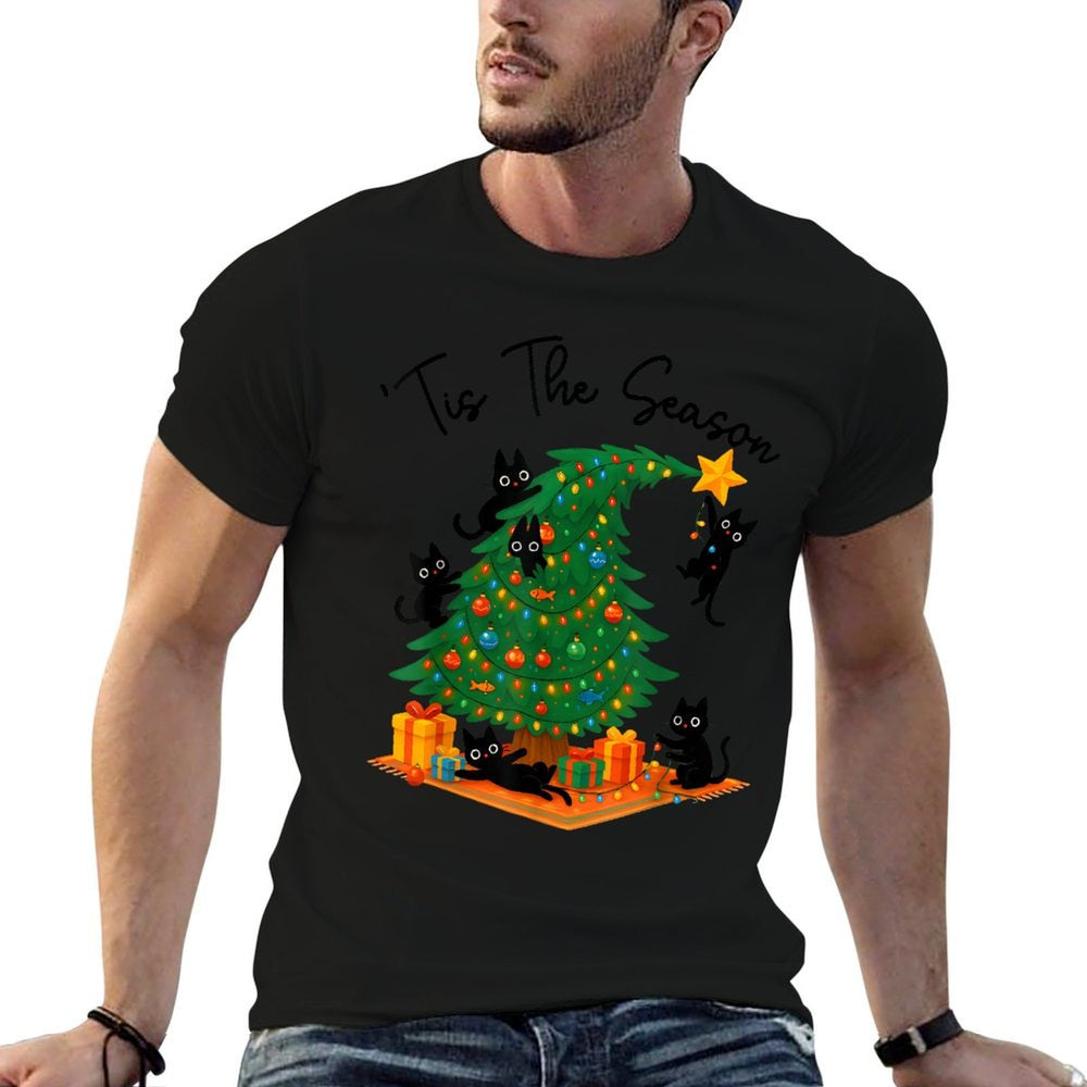 Tis The Season Christmas Tree Cute Black Cat Matching Family  Graphic-printed T-Shirt