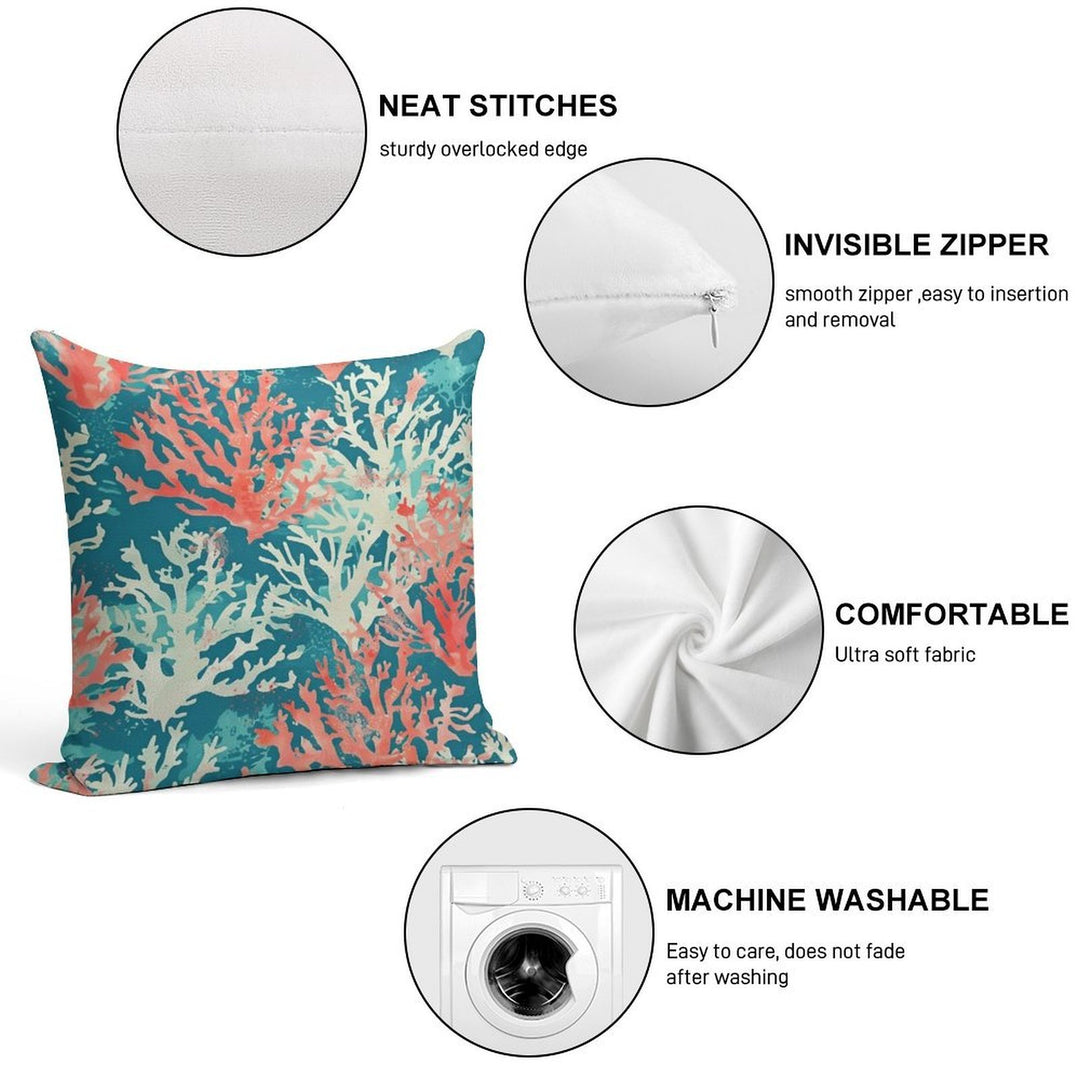 Teal Coral Reef Pattern Soft Reinforced Edging Throw Pillow