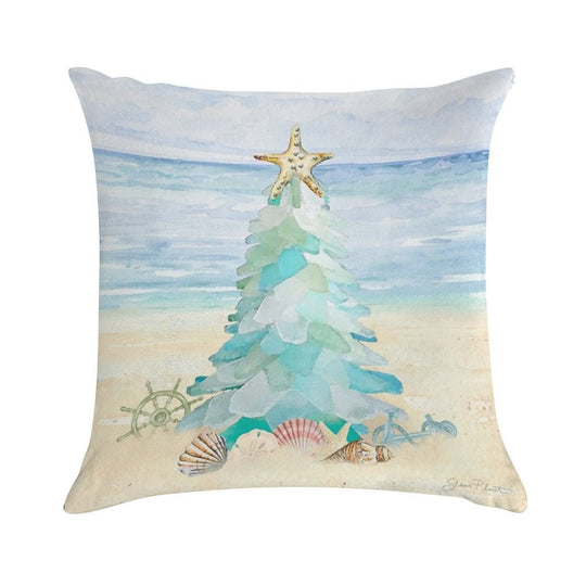 Coastal Seaglass Christmas Tree B Soft Warmth Comfort Throw Pillow
