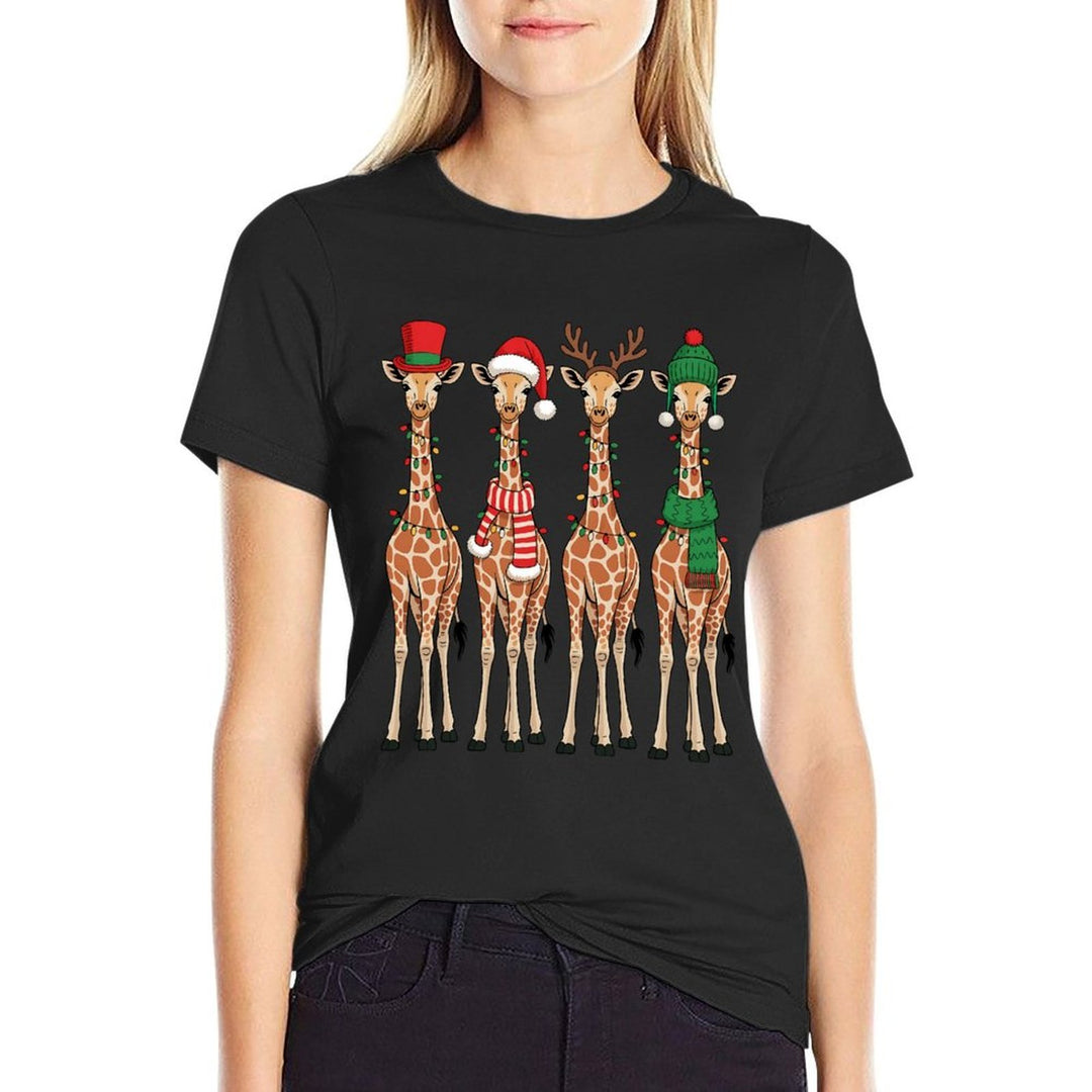 Cute Christmas Giraffes Reindeer Santa Hat Lights Holiday  Slim-fit Cut T-Shirt