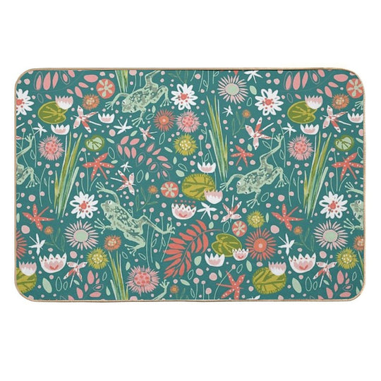 Frog And Dragonfly Floral Design  Easy To Clean Bath Mat