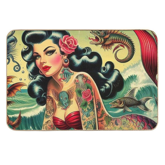 Retro Tattooed Mermaid  Multi-Purpose Bath Mat