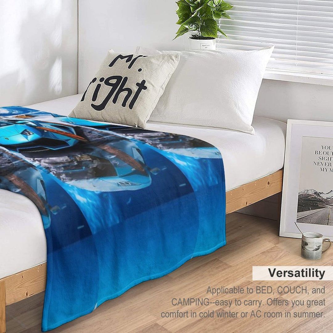 Blue Lamborghini Huracan, Icy Majesty Supercar, Sports Car On Snowy Alpine Backdrop, High Octane Wall Art Sustainable Throw Blanket
