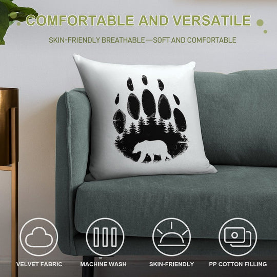 Black Bear Paw Print - Forest Landscape Soft Washable Throw Pillow