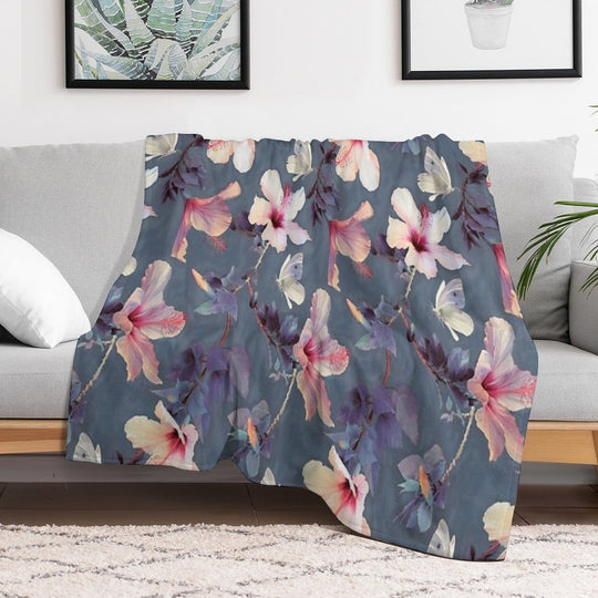 Butterflies And Hibiscus Flowers - A Painted Pattern Travel-friendly Throw Blanket