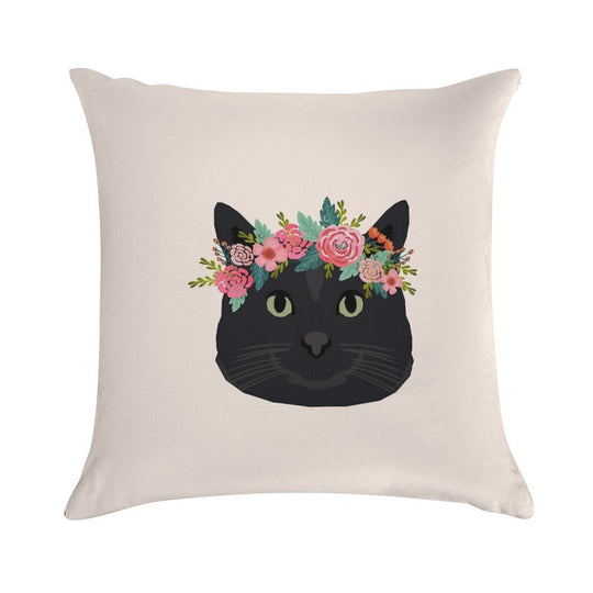 Black Cat Breed Floral Crown Black Cats Lover Pure Breed Gifts Soft Bedroom Essential Throw Pillow