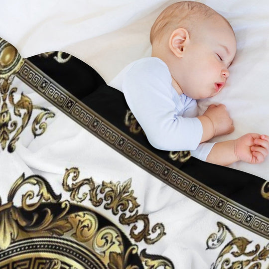 Ornate Baroque White Gold Black Greek Key Meander Sustainable Throw Blanket