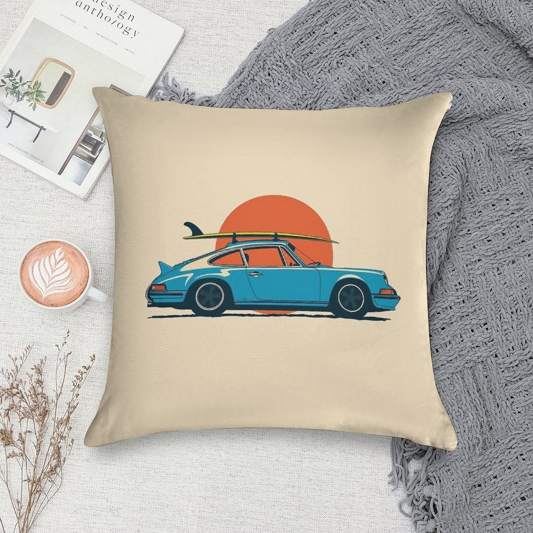 Vintage Blue Porsche 911 964 RS Summer Surfs Up Illustration Soft Durable Construction Throw Pillow