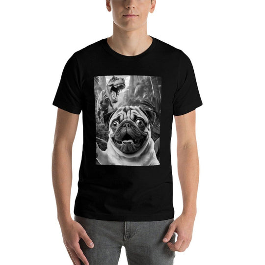 Vintage Pug Funny Dog Pug Selfie With T-Rex Dinosaur  Odor-resistant T-Shirt
