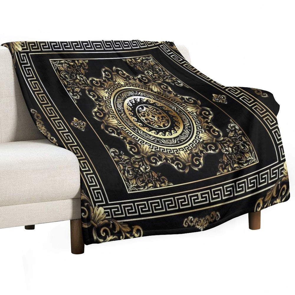 Ornate Baroque Black And Gold Greek Key Border Sustainable Throw Blanket