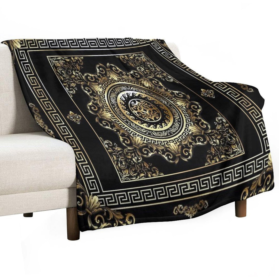 Ornate Baroque Black And Gold Greek Key Border Sustainable Throw Blanket