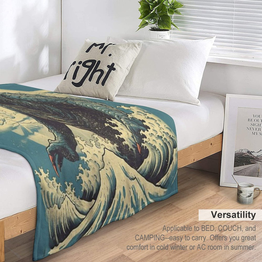 Vintage Japanese Godzilla Great Wave Plush Throw Blanket