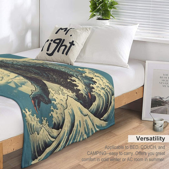 Vintage Japanese Godzilla Great Wave Plush Throw Blanket
