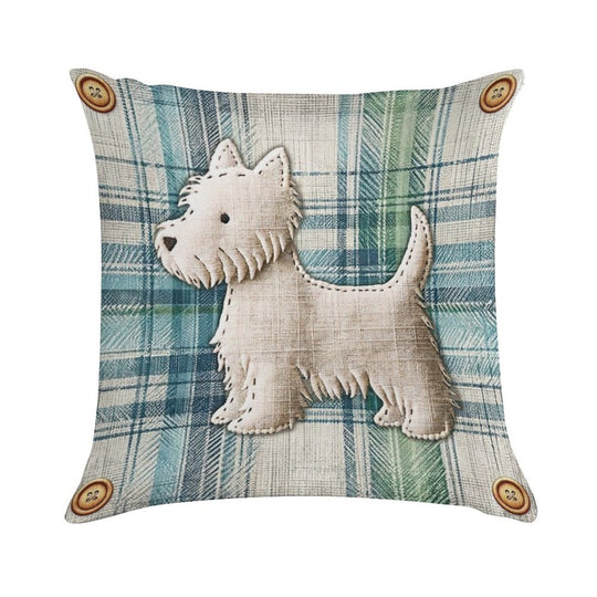 Linen Tartan Stitched Westie Soft Hidden Zipper Throw Pillow
