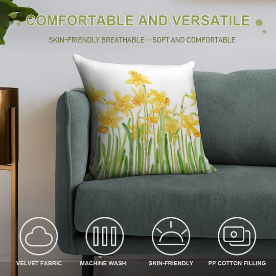 Hand Painted Yellow Daffodils Field Watercolor Soft Warmth Comfort Throw Pillow
