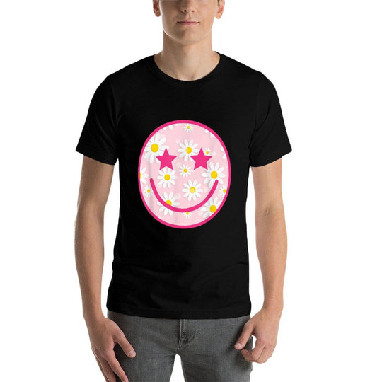 Funny Pink Happy Face Daisy Flower Smile Face Trendy  Stretchy T-Shirt