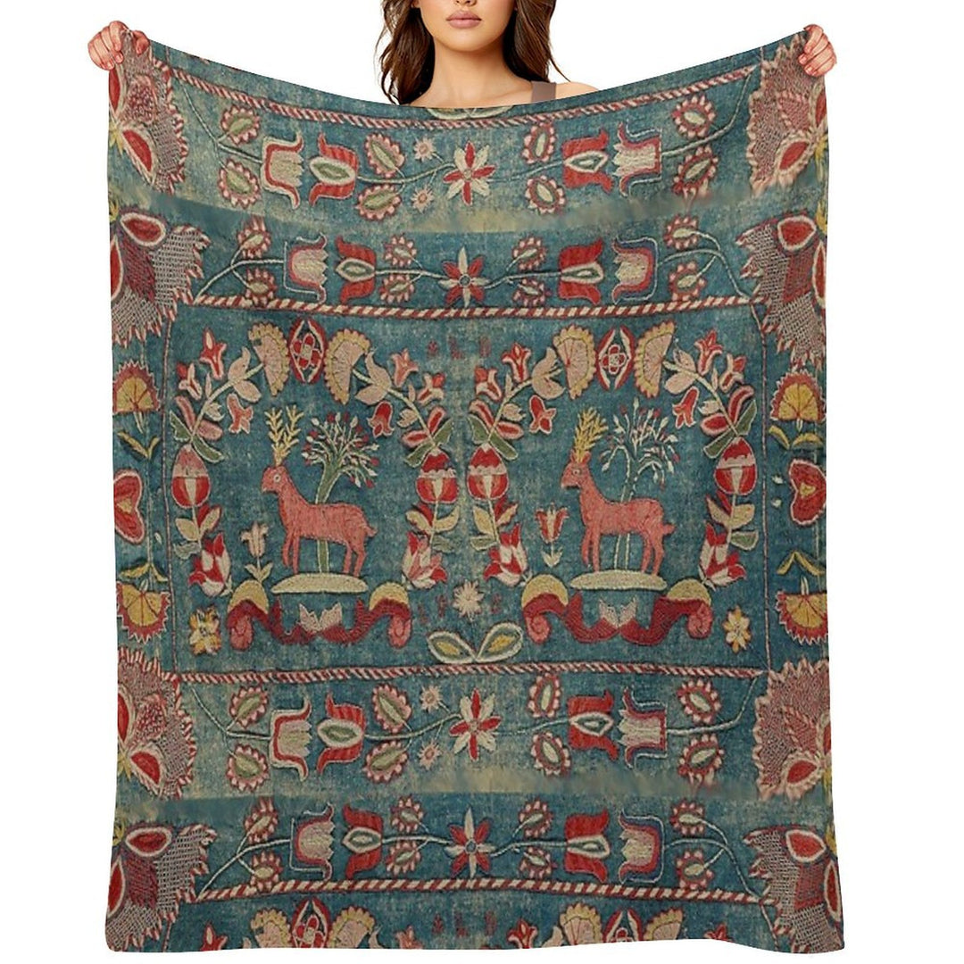 ANTIQUE  RED BLUE SWEDISH TAPESTRY WITH DEERS AND FLOWERS Shrink-resistant Throw Blanket