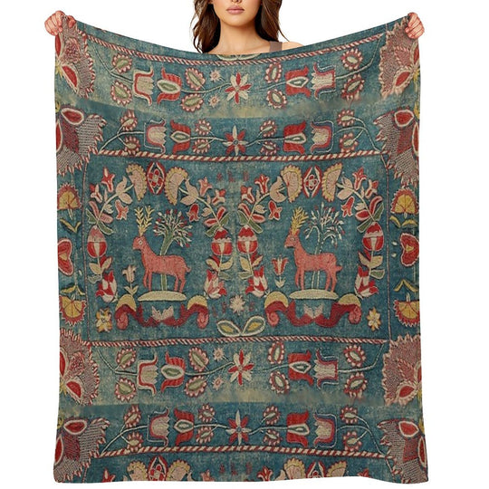ANTIQUE  RED BLUE SWEDISH TAPESTRY WITH DEERS AND FLOWERS Shrink-resistant Throw Blanket