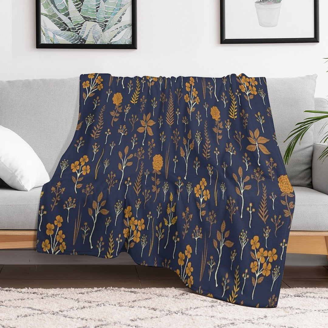 Navy Blue & Mustard Yellow Floral Pattern Comfort Throw Blanket