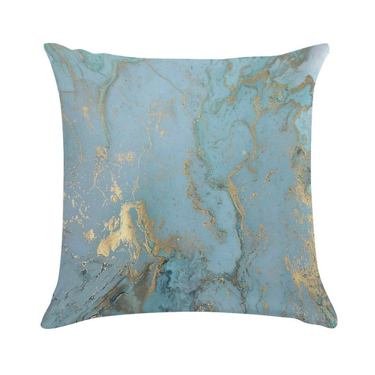 Marble Design - Gold Effect - Turquoise Blue, Teal Marbling Soft Hidden Zipper Throw Pillow