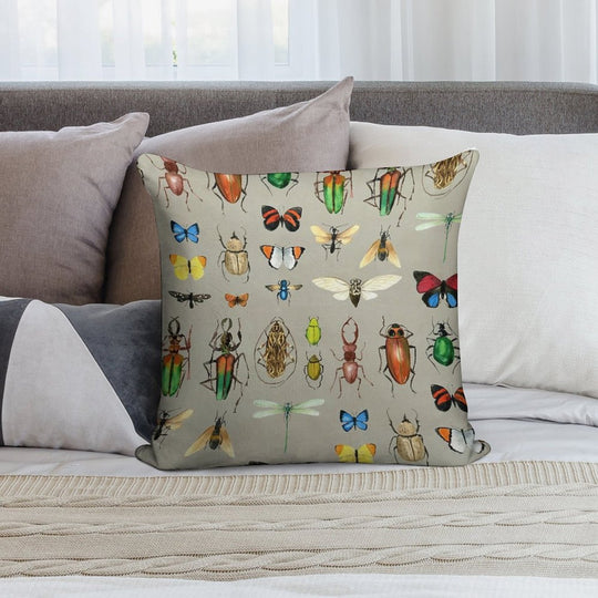 The Usual Suspects - Insects on Grey - Watercolour Bugs Pattern by Cecca Designs Soft Reinforced Edging Throw Pillow