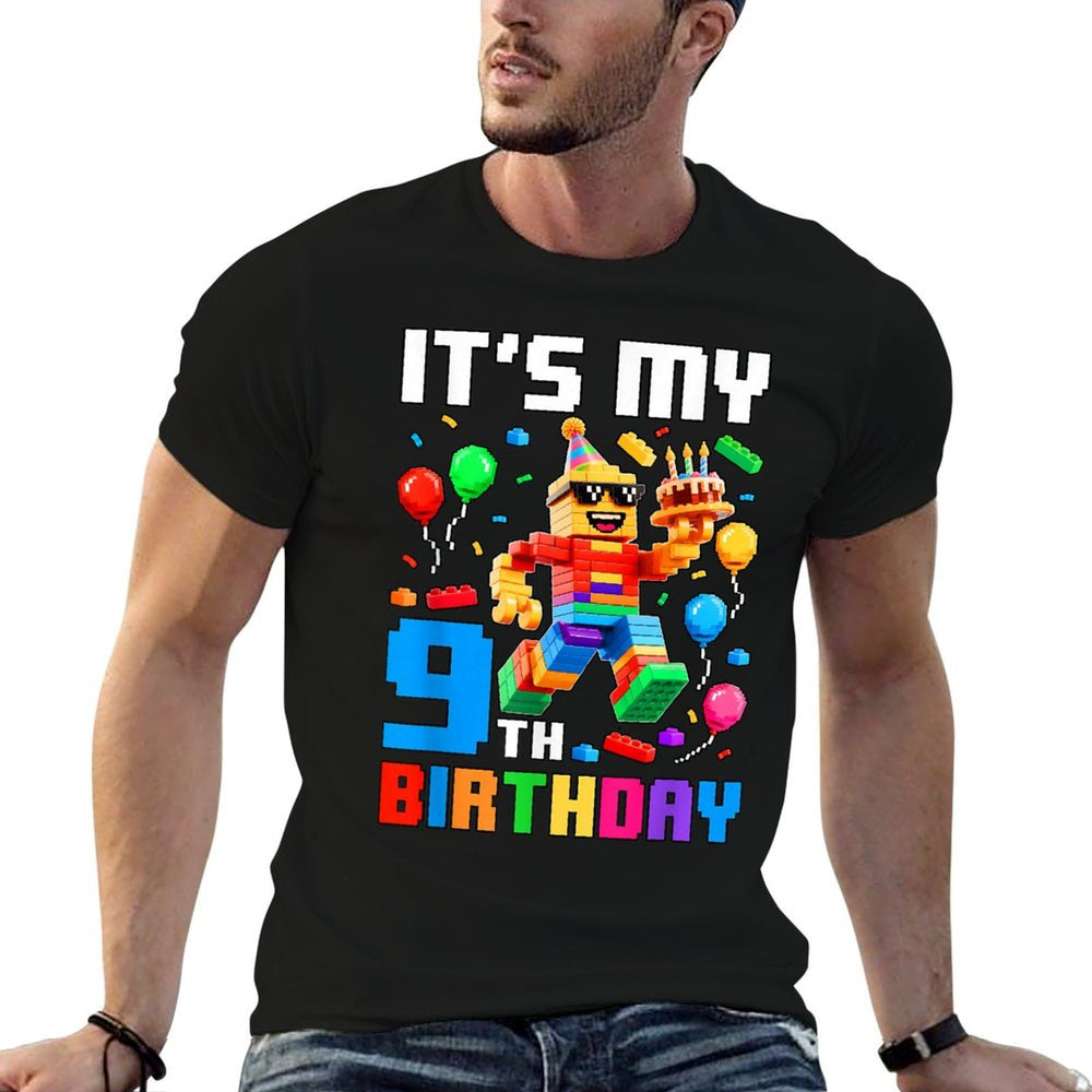 Its My 9th Birthday Building Brick 9 Years Old Boys Kids  Ribbed Collar T-Shirt