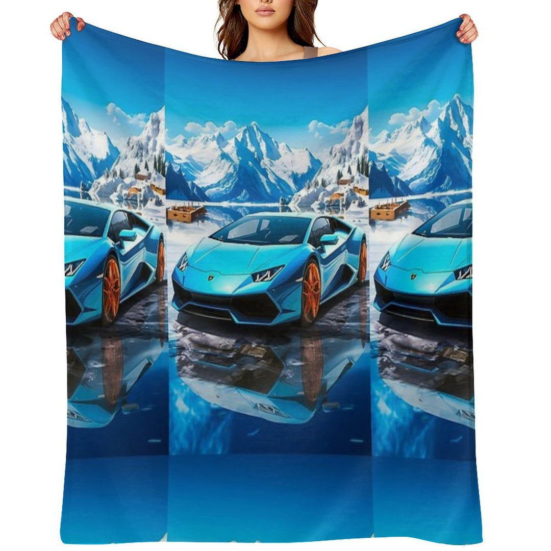Blue Lamborghini Huracan, Icy Majesty Supercar, Sports Car On Snowy Alpine Backdrop, High Octane Wall Art Sustainable Throw Blanket