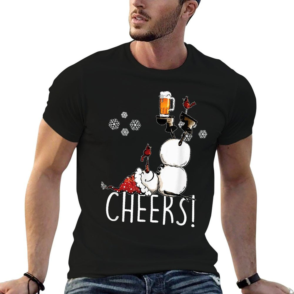 Cheers Snowman Beer And Wine Christmas  Ribbed Collar T-Shirt