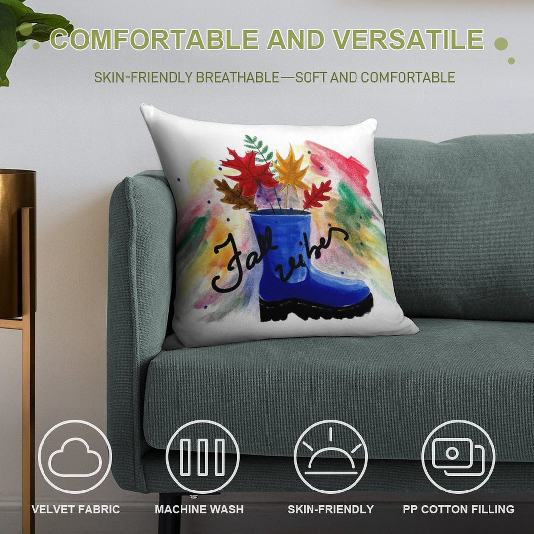 Vibrant Fall Leaves in A Blue Boot - Fall Vibes Soft Warmth Comfort Throw Pillow