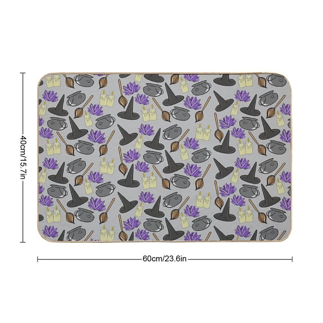 Hand Drawn Spooky Cauldrons,Broomsticks,Candles, And Witches Hat Cartoon Doodles Pattern, Made by EndlessEmporium  Easy Maintenance Bath Mat