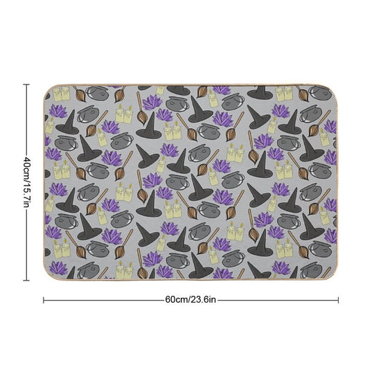 Hand Drawn Spooky Cauldrons,Broomsticks,Candles, And Witches Hat Cartoon Doodles Pattern, Made by EndlessEmporium  Easy Maintenance Bath Mat