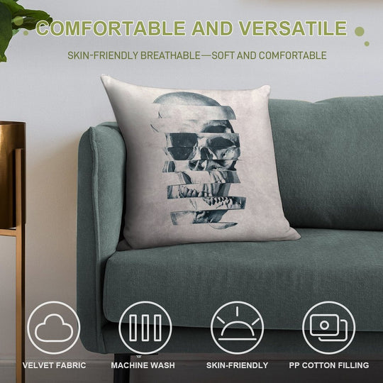 Glitch Skull Mono Soft Decorative Cover Throw Pillow