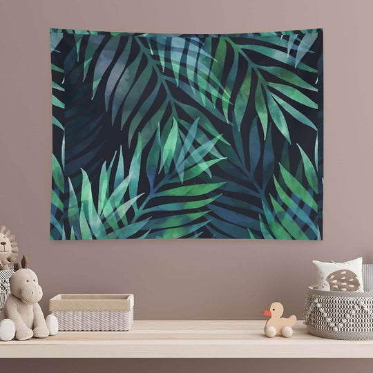 Dark Green Palms Leaves Pattern Tapestry