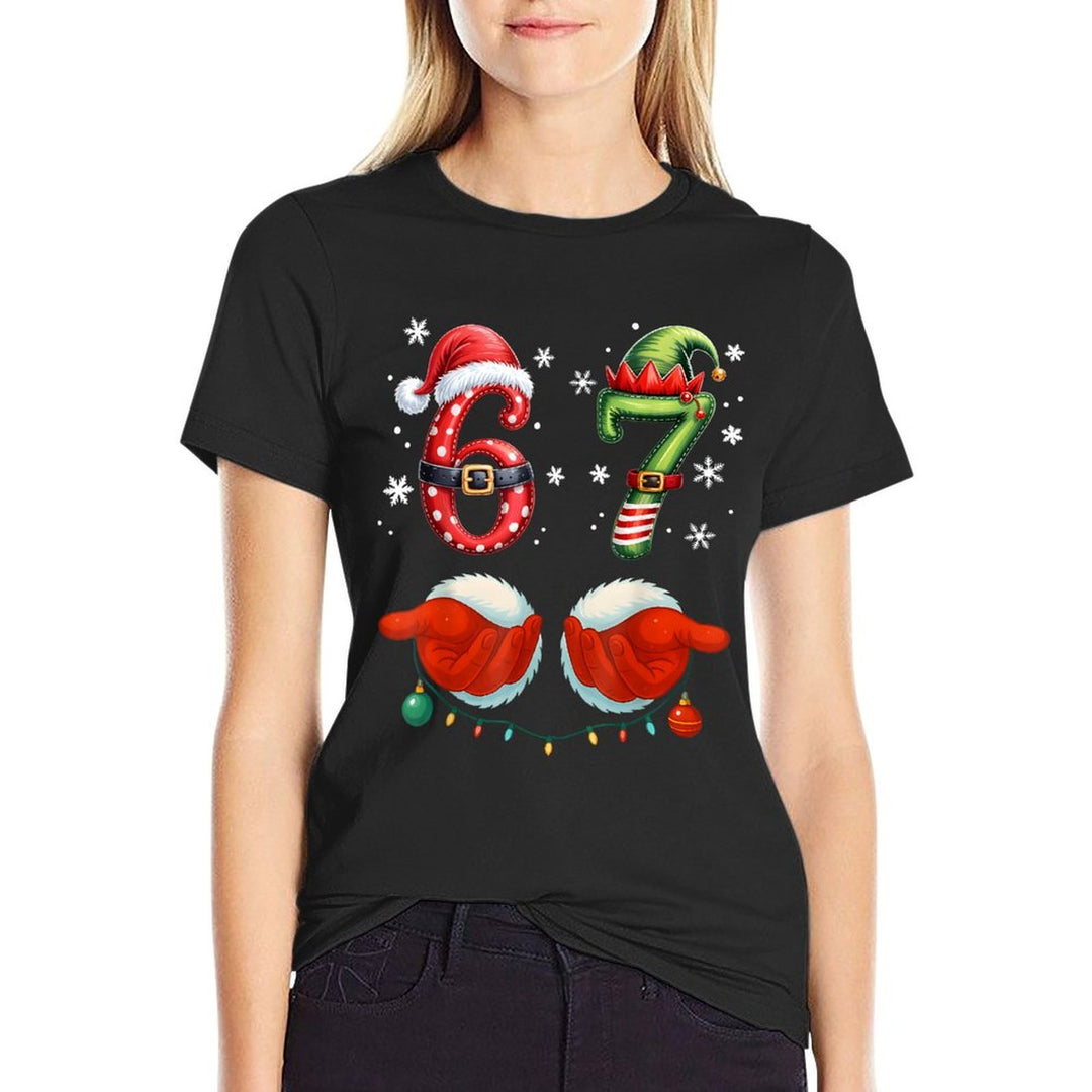 Funny Six Seven 6 7 Meme Christmas Humor Santa Elf Number  Slim-fit Cut T-Shirt