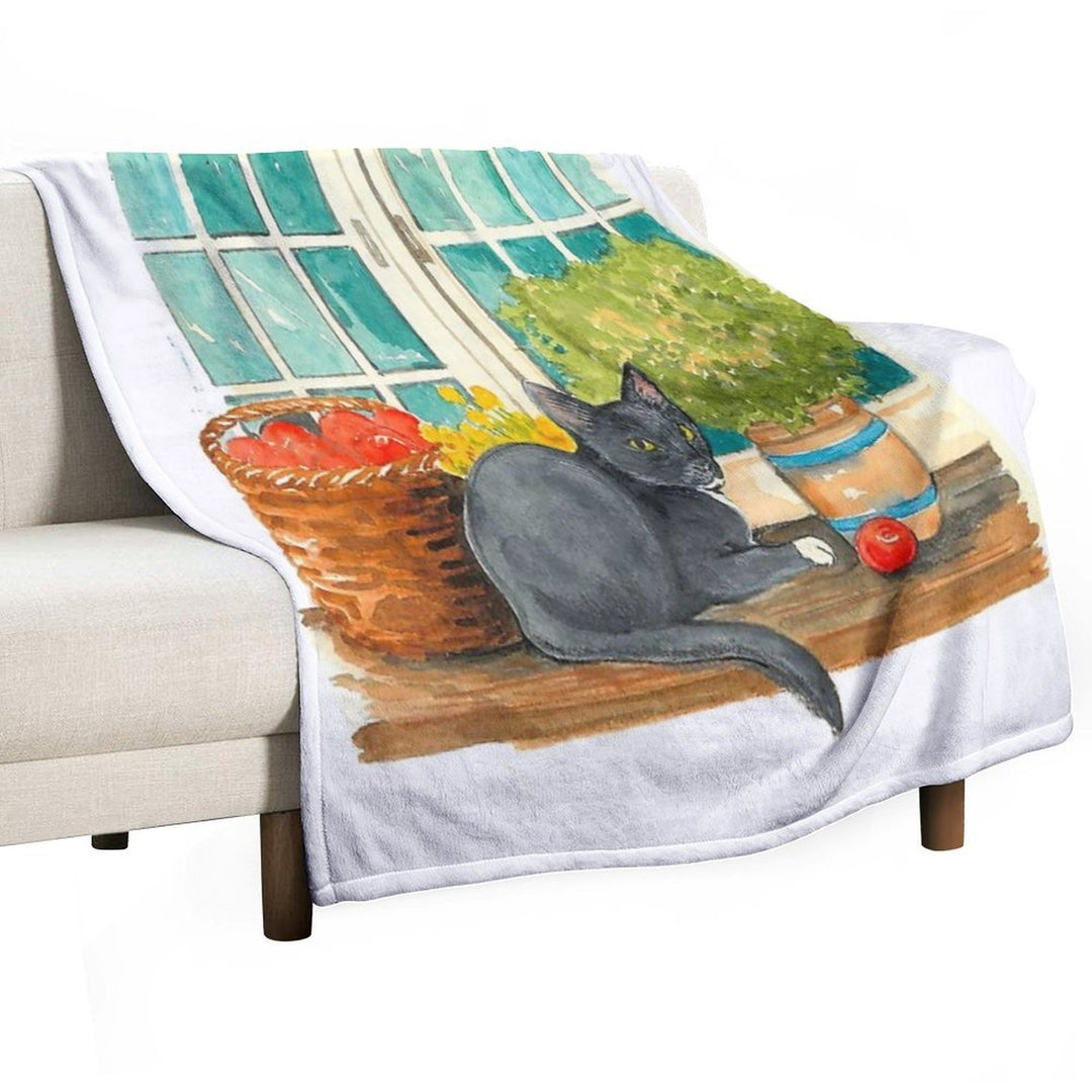 Black Cat on A Sunny Windowsill – Cozy Cottage Illustration Comfort Throw Blanket