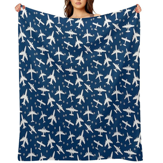 Blue And White Aeroplanes Silhouette Pattern Wrinkle-free Throw Blanket