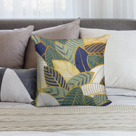 Leaf Wall  Navy Blue Pine And Sage Green Leaves Golden Lines Soft Easy Maintenance Throw Pillow