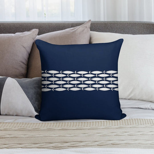 Fish Stripe 6 - Minimalist Midcentury Modern Fish in White And Nautical Navy Blue Soft Anti-Pilling Throw Pillow