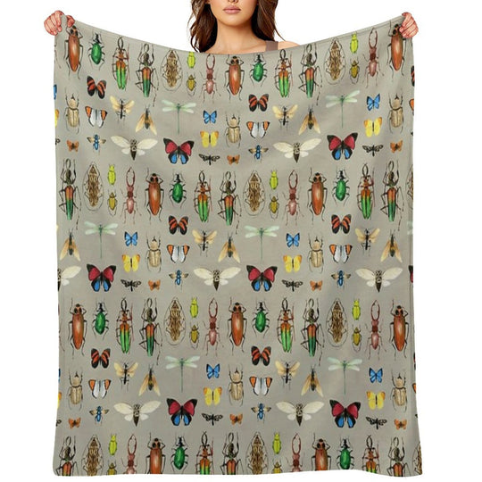The Usual Suspects - Insects on Grey - Watercolour Bugs Pattern by Cecca Designs Plush Throw Blanket