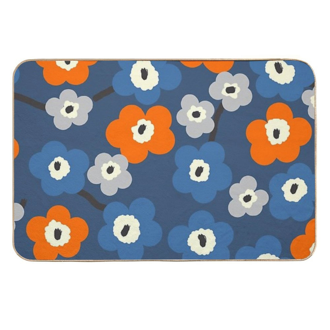 Iconic Modern Scandinavian Floral Pattern in Blue And Orange  Easy To Clean Bath Mat