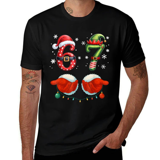 Funny Six Seven 6 7 Meme Christmas Humor Santa Elf Number  Slim-fit Cut T-Shirt